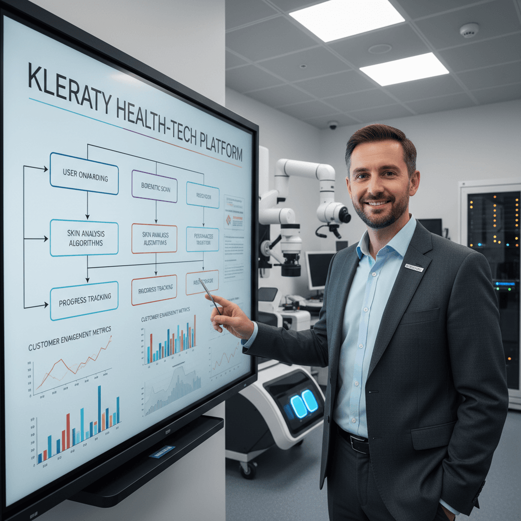Web developer standing before whiteboard diagram showing website architecture and service business customer flow strategy